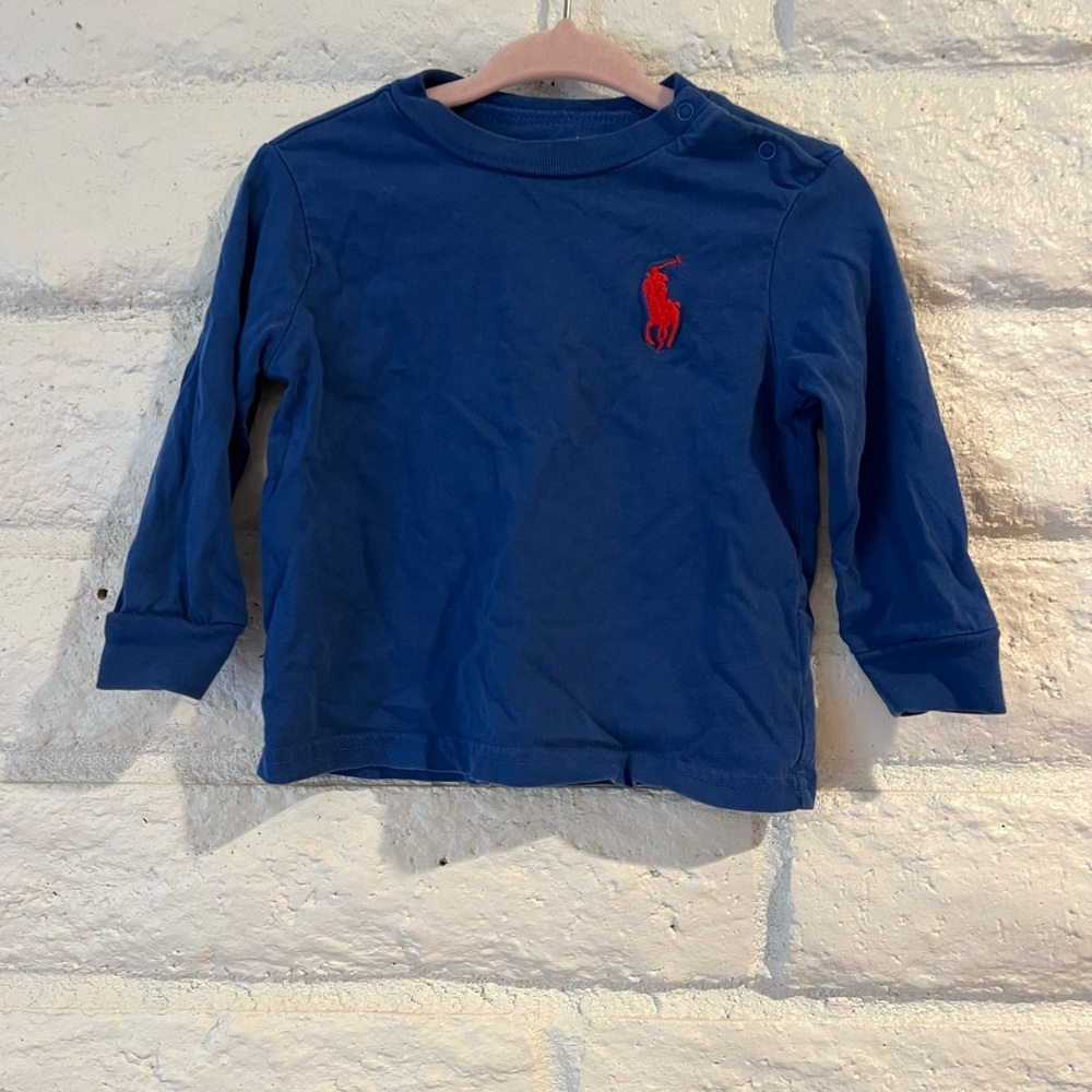 Ralph Lauren Blue Long-Sleeve Polo Tee with Red Logo - Kids